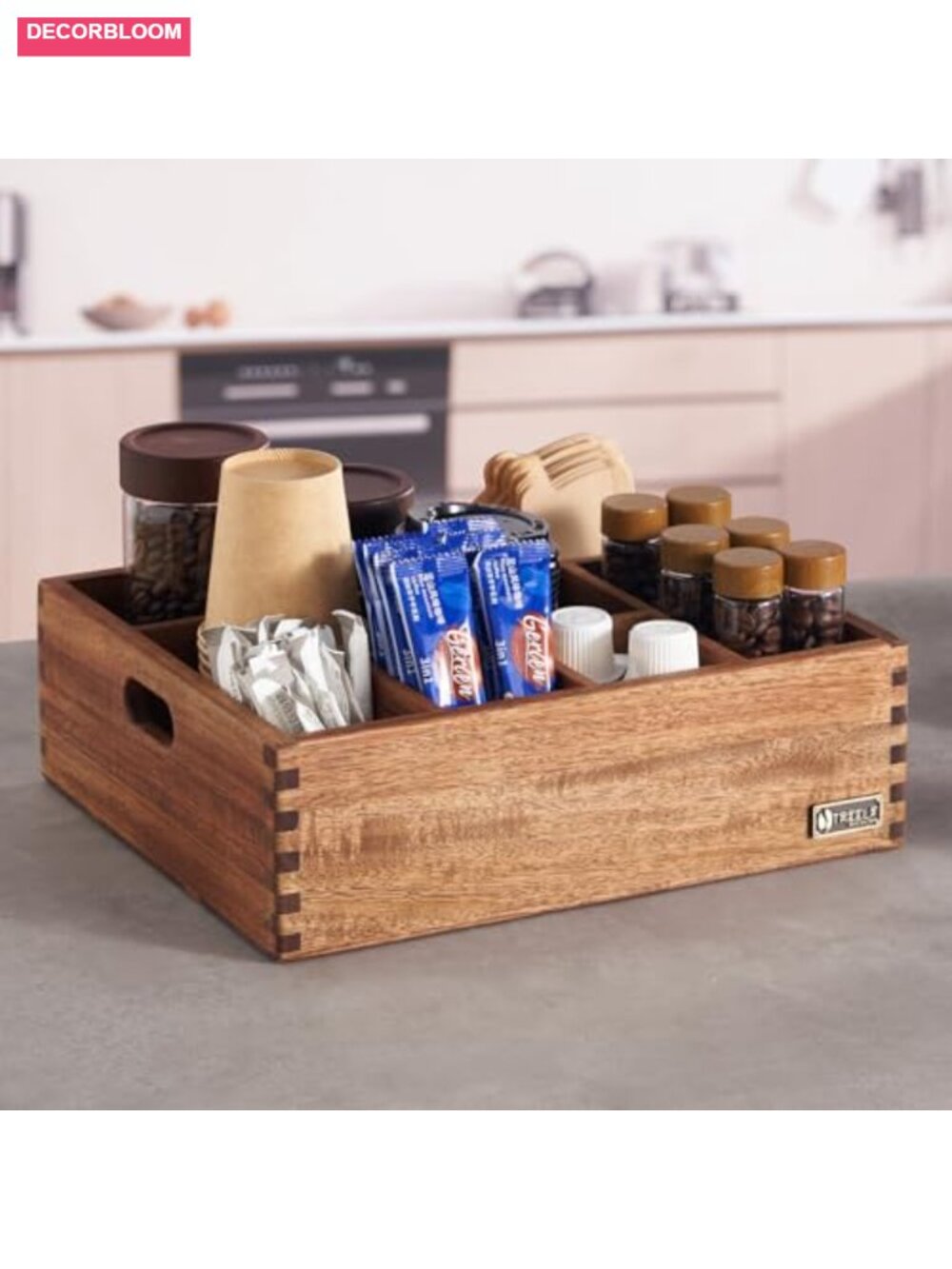 Rustic Farmhouse Acacia Wood Coffee Station Organizer, Countertop Storage for